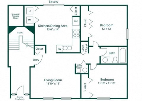 Floor plan for 2 beds, 1 bath, 900 sqft